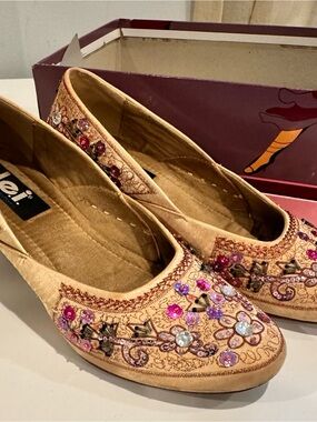 lei Gold Embroidered Floral Flats with Pink & Purple Accents